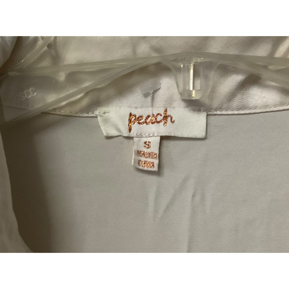 Peach Cream Satin Crochet Lace Blouse Long Sleeve Button Down Puff Shoulder SZ S - Picture 4 of 7
